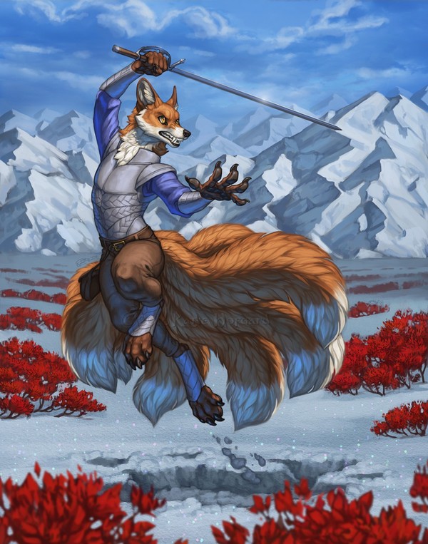 Solo workout - Tail, Furry, Art, Wolf-Nymph, Kitsune, Fox, Snow, Sword