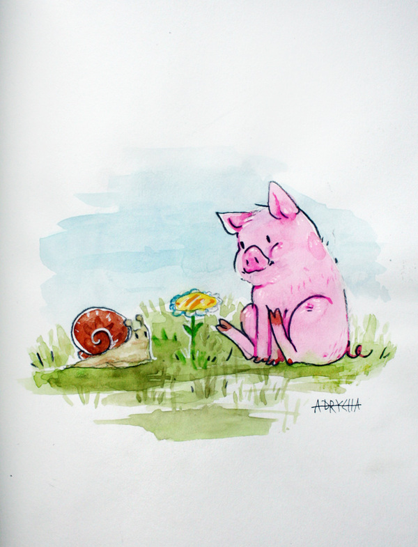 field sun - My, Drawing, Piglets, Snail, Art, Illustrations, 1page1day, Milota