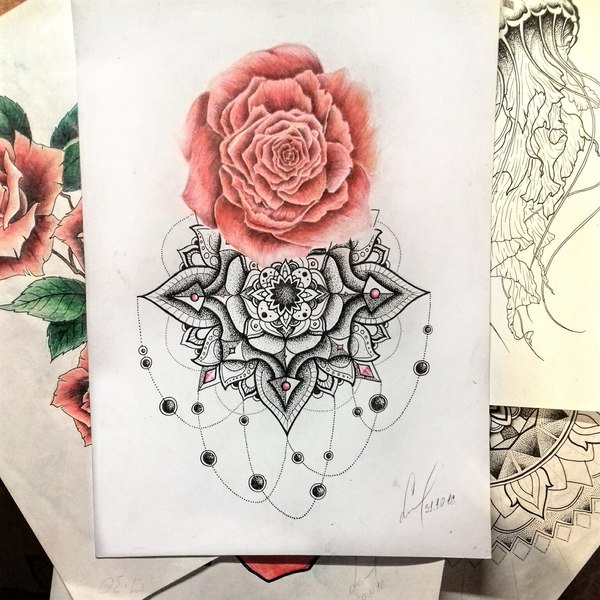 Rosette and mandala - My, the Rose, Mandala, Tattoo, Watercolor pencils, Liner