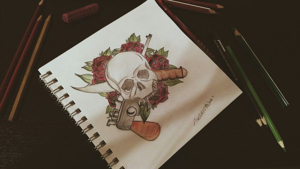 Continuation of my work - My, Pen drawing, Graphics, Sketch, Scull, the Rose, Mauser, Knife, My