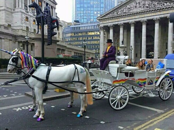Taxi with rainbow exhaust - London, Pony, Horses, Taxi