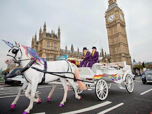 Taxi with rainbow exhaust - London, Pony, Horses, Taxi