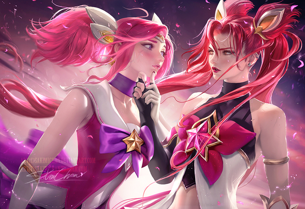 Starguardian Duo - Art, Girls, Pink, Red, Star, League of legends, Sakimichan