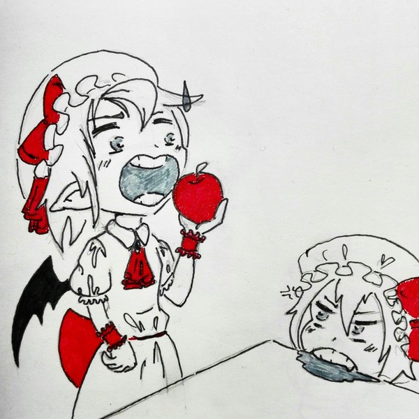 When little sister took the last apple - My, Anime, Touhou, Flandre scarlet, Remilia scarlet, Art, Drawing