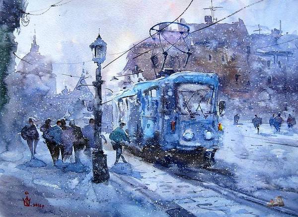 Tram - Tram, Watercolor, 