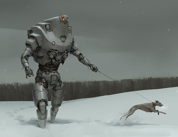 Country trip. - Winter, Snow, Dog, Digital, Robot, Future, Art