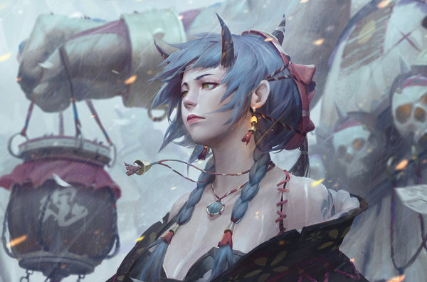 Reaper - Art, Drawing, Blue hair, Demon, Anime, Guweiz
