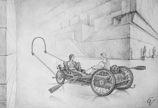 MOVING 2012, pencil, paper, 53 x 36 cm - My, Drawing, Pencil, Cart, Paddle, Surrealism, 
