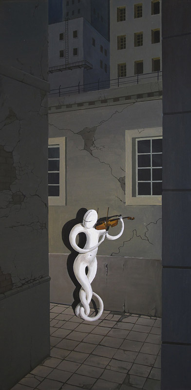 MUSIC OF THE CITY. 2014 Oil on canvas. 100 x 50 cm. - My, Town, Musicians, , Music, Night city, Surrealism, Painting