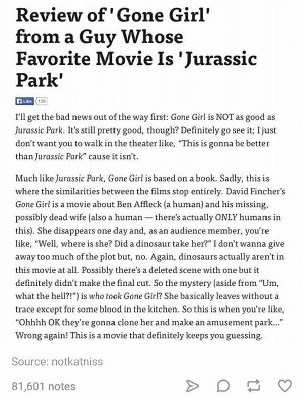 Review of the film Gone Girl from a fan of Jurassic Park - Review, Disappeared, Jurassic Park, Translation, Facebook