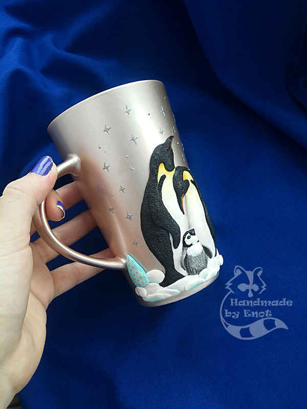 Mug for the New Year - My, Polymer clay, Handmade, Penguins, Decor, Кружки, With your own hands, , Longpost