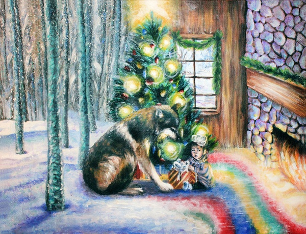 Best friends - My, Wolf, Girl, Painting, Art, Winter, New Year, Christmas trees, Portrait