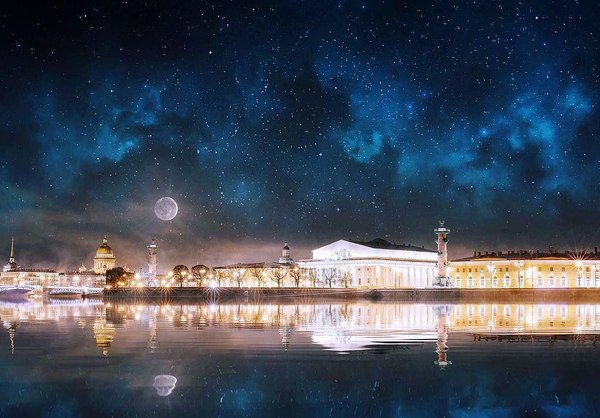 Magical night in St. Petersburg... - Saint Petersburg, Night, Neva, moon, Sky, Stars