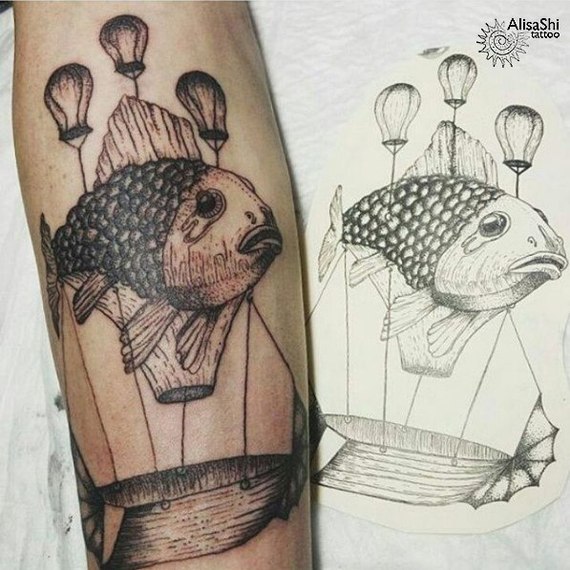 derezhable fish - My, Tattoo, Surrealism, , Tattoo, , Graphics, Dotwork