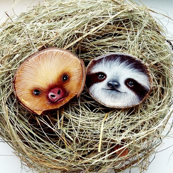 Positive brothers in your feed) - My, Handmade, Sloth, Brooch, Fish by Fish, Humor, Painting on wood, Decoration, Positive