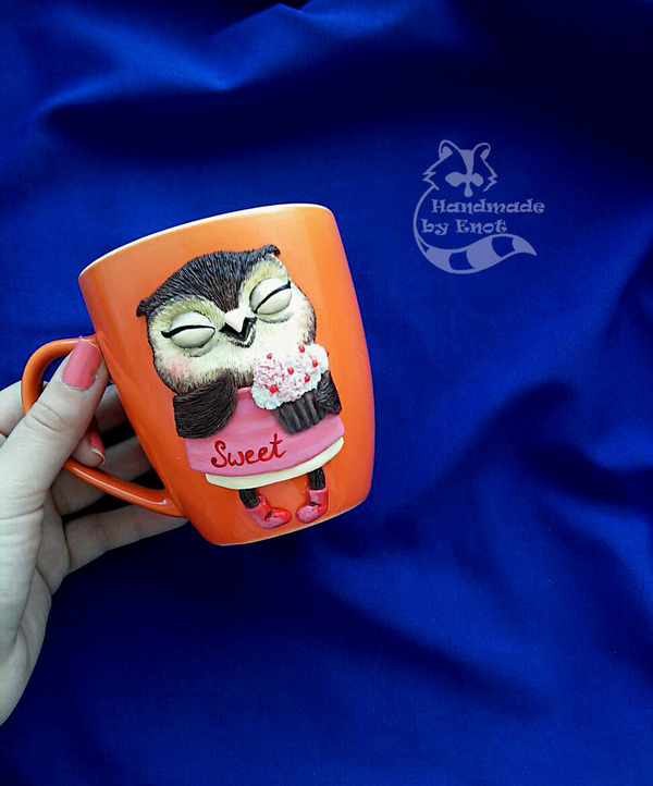 Decor mugs with polymer clay)) - My, Angry Birds, Owl, Penguins, Love, Polymer clay, , Handmade, Decor, Longpost