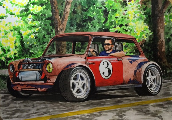 Mini cooper with brother portrait - My, Mini cooper, Watercolor, , Cramps