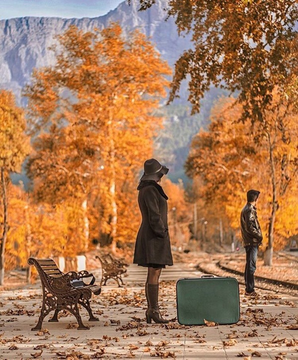 There is something wrong with this photo. - Photo, Autumn, Leaves, Expectation, Girls, Guys, Suitcase