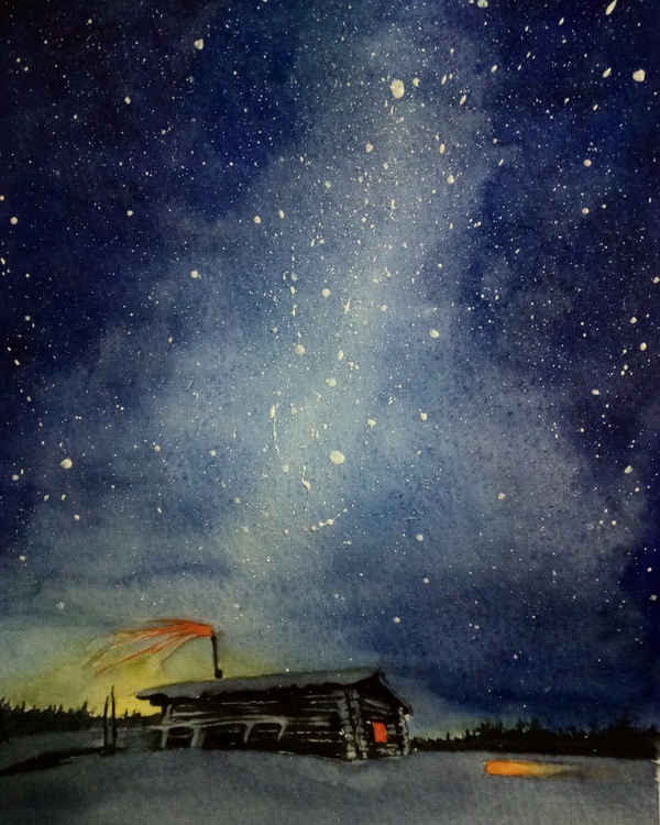 Milky Way over a hot hut in the Arctic - My, Painting, North, Winter