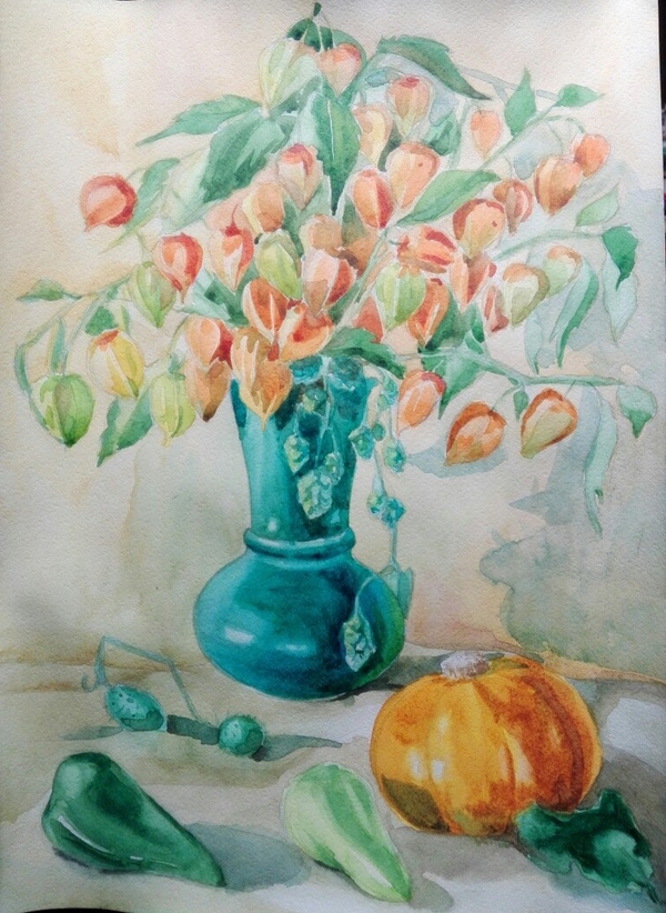 Still life with physalis - My, My, Pumpkin, Physalis, Watercolor, Still life