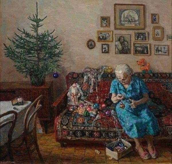 A very touching painting by Yegor Zaitsev Christmas Tree (1996) - Accordion, Touching, Grandmother, New Year, Relatives, Old age, Loneliness, Repeat