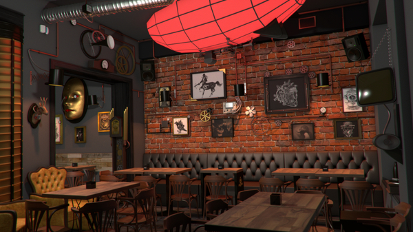 3D model of a bar/restaurant in steampunk style - My, Mayan, Nuke, Photoshop, 3D, Mental ray, Steampunk