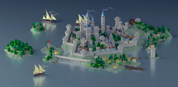 Finally found the time to finish my castle - My, Lock, Kingdom, Low poly, Blender, Ship, Sea, 3D blender, Fortress