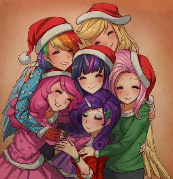 warm hugs - My little pony, Mane 6, Humanization, Racoonkun, New Year