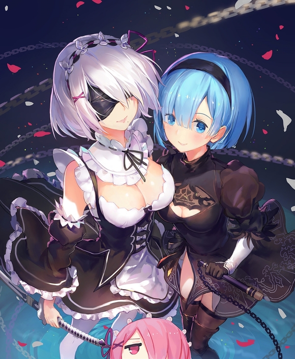 2B and Rem - Anime, Anime art, Crossover, Re: Zero Kara, NIER Automata, Yorha unit No 2 type B, Rem, Rem (Re: Zero Kara)