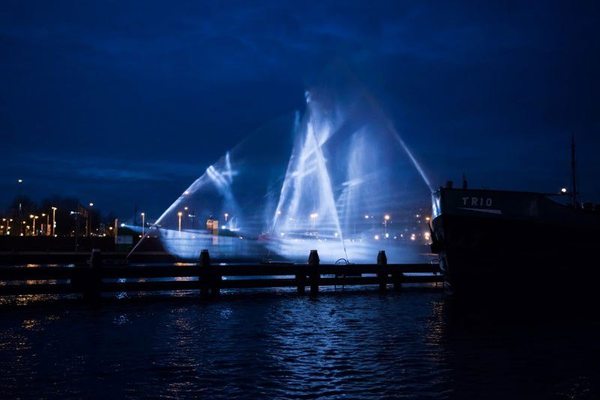 Ghost ship in Amsterdam created by projection onto jets of water - Ship, Fountain, Photo, Water, Holland