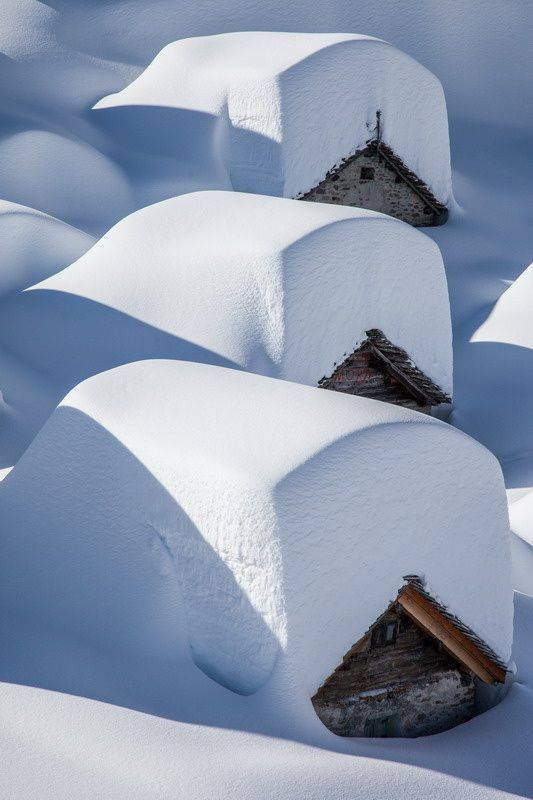 Three huts in the Alps - Alps, Winter, Snow, Hut