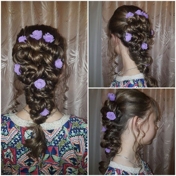 Evening hairstyles back from curls and pigtails - , Прическа, Curls, Pigtails