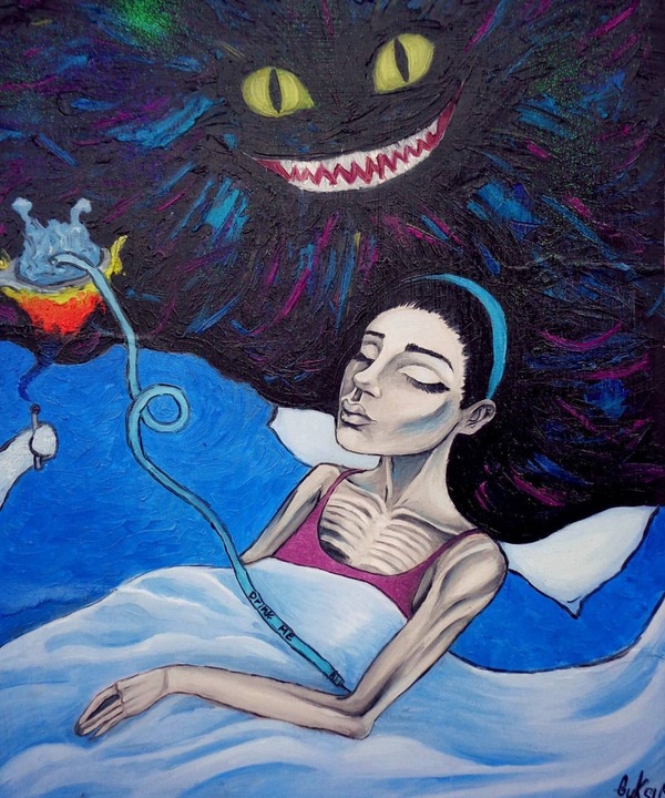 Modern Alice... - NSFW, My, Surrealism, Painting, Art, Alice in Wonderland, Oblivion, Pain, Longpost