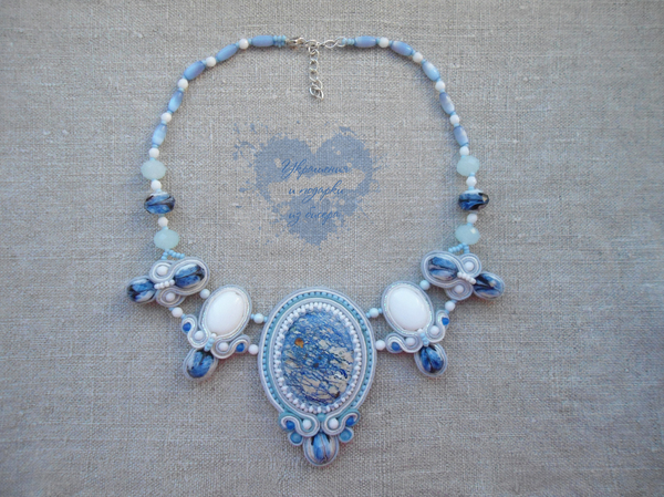 Soutache necklace Ice lace - My, Soutache, Handmade, Azurite, Necklace, Decoration, Longpost