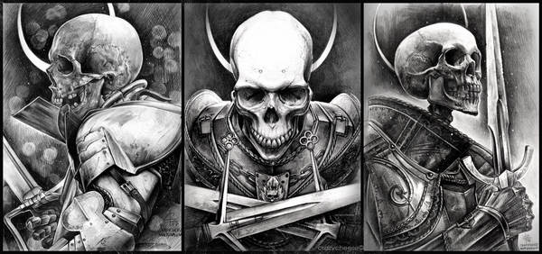 Three Undead Knights - My, Medieval, Art, Drawing, Pencil, Fantasy, Middle Ages, Portrait, Longpost