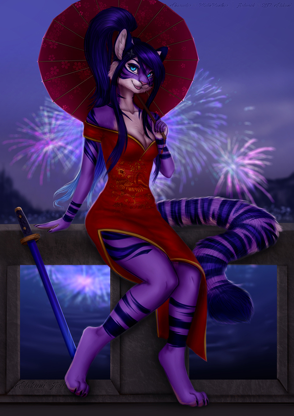 Mizuki - Etskuni, Fireworks, Furry, Art, Tiger, Umbrella