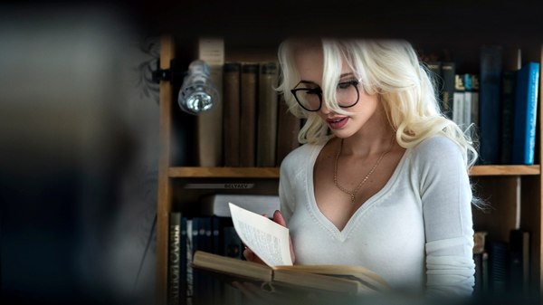 good in the library - Library, Beautiful girl, Girls, Girl in glasses, Breast, Blonde, Books