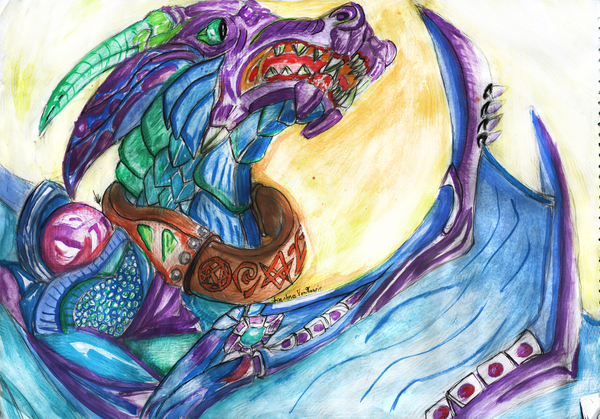 Dragon - harlequin - My, Watercolor, The Dragon, Collar, Alchemy, Seal, The statue, Sculpture