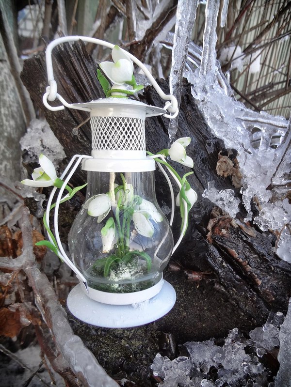 Lantern with snowdrops - My, Polymer clay, Ceramic floristry, My, Snowdrops, Polymer floristry, Flashlight, Friday, Longpost, Snowdrops flowers