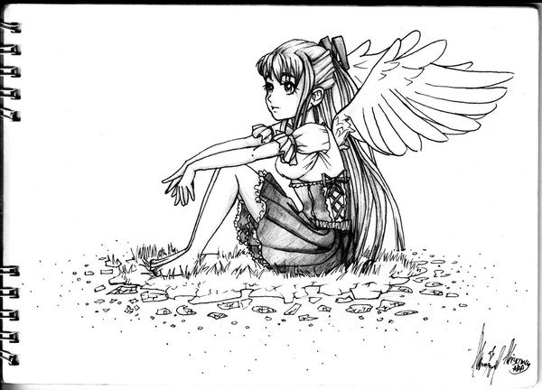 Angel - My, Art, Pencil, Black and white, Angel, Girl, Manga, Anime