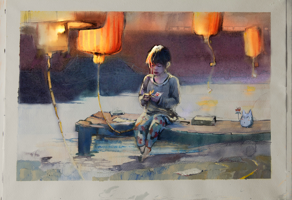 Work in mixed media (watercolor, pencil, oil) - My, Watercolor, Romance, Totoro, Berth, Girl, Painting, Illustrations, Art RKV
