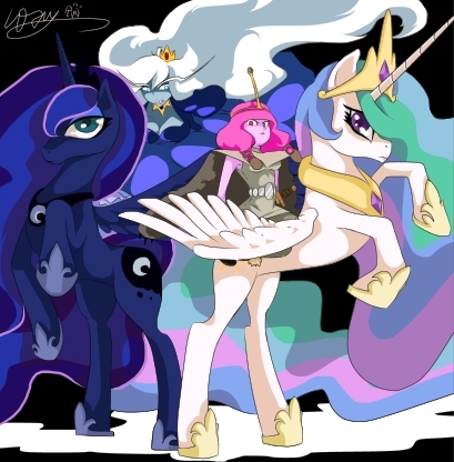 What time is it? My Little Pony, Adventure Time, , Princess Celestia, Princess Luna, Princess Bubblegum, Ice Queen