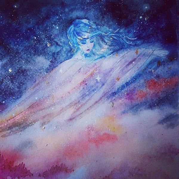 Lady Night sows the stars - Night, Watercolor, Art, Illustrations, Painting, Artist, Jaihirvi, Drawing, My