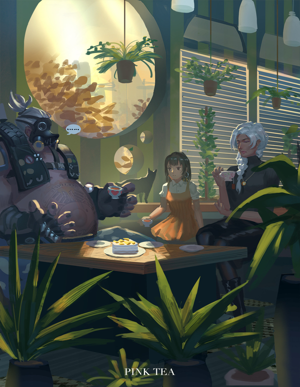 Pink Tea - Games, Art, Overwatch, Ana amari, Pharah, Roadhog, 