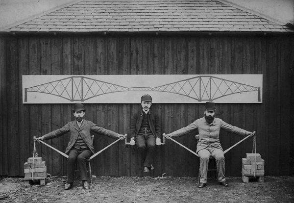 Engineers demonstrate the bridge system. - Photo, Engineer, Bridge, Scheme, Humor, Black and white, Story