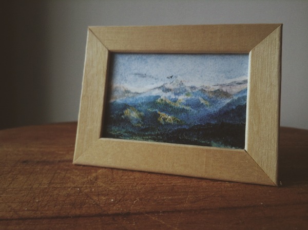 3x5cm. Frame - ice cream sticks. Mountains - watercolor - My, Watercolor, Creation, The mountains, Drawing, Artist, Nature, Macro, Dotwork, Macro photography