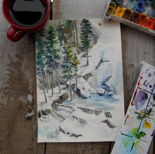 watercolor sketch - My, Art, Winter, Painting, Watercolor, The mountains