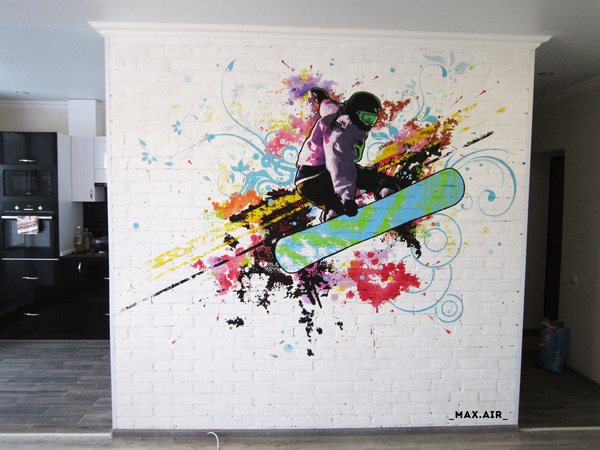 Drawing of a snowboarder on the wall - My, Drawing, Painting, Creation, Artist, Art, Painting, Longpost