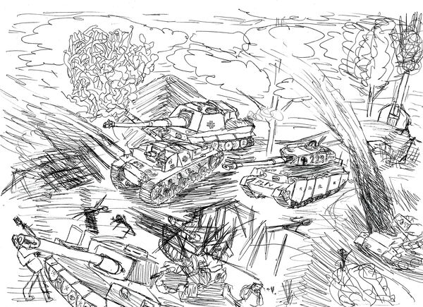 Battle at Balaton 1945 - My, Tanks, Sau, Jagdtiger, Balaton, The fight, Gel pen, 9 years