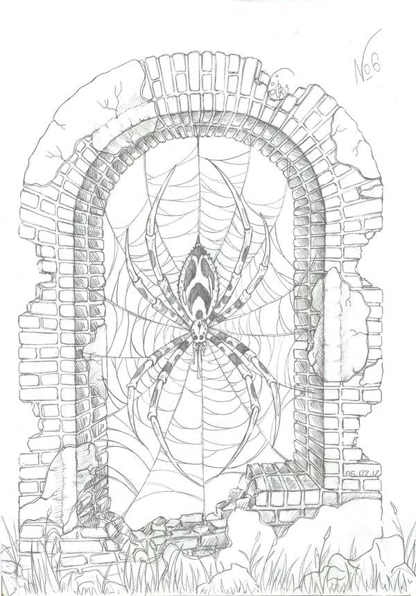Февральский марафон, день шестой. - Месяц, Февраль, Карандаш, Паук, Кирпичи, Рисунок, Моё, Арка, Паутина